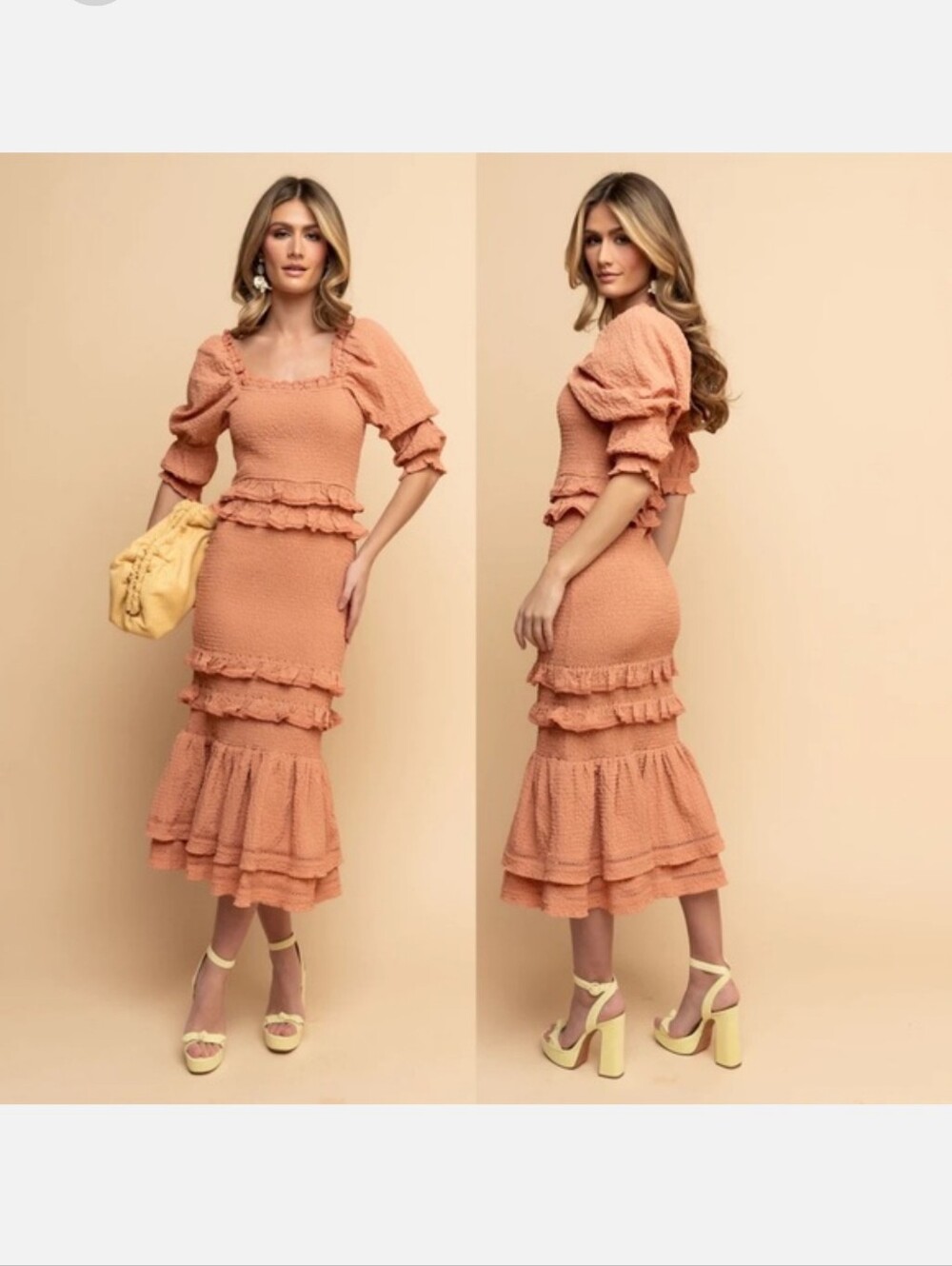 Rachel Parcell Bubble Peach Tiered Midi Dress with Puff Sleeves